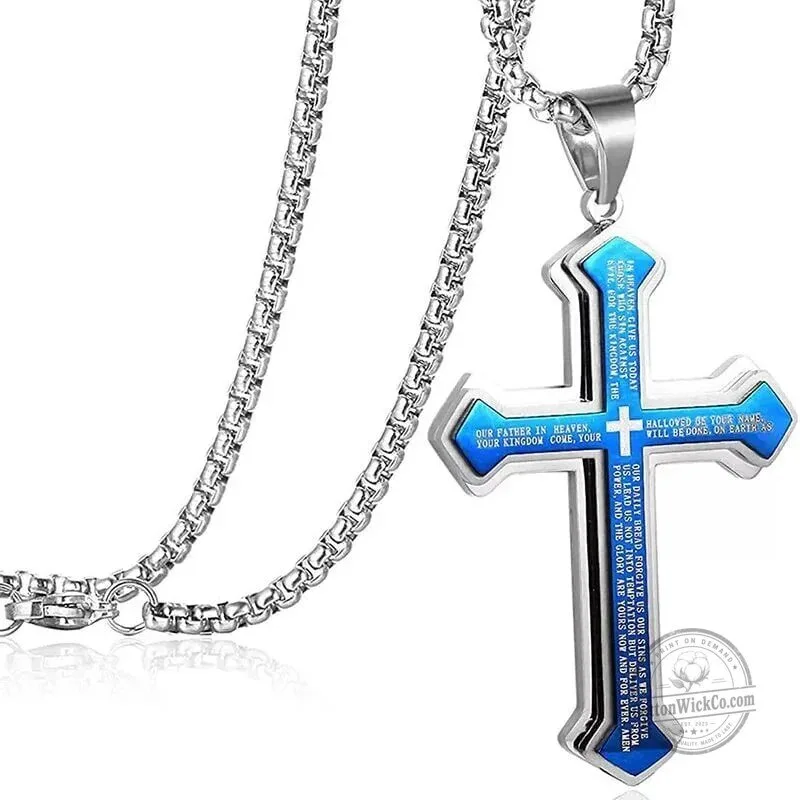 Lord's Prayer Cross Pendant Necklace for Men, Stainless Steel Christian Jewelry 22 Lord