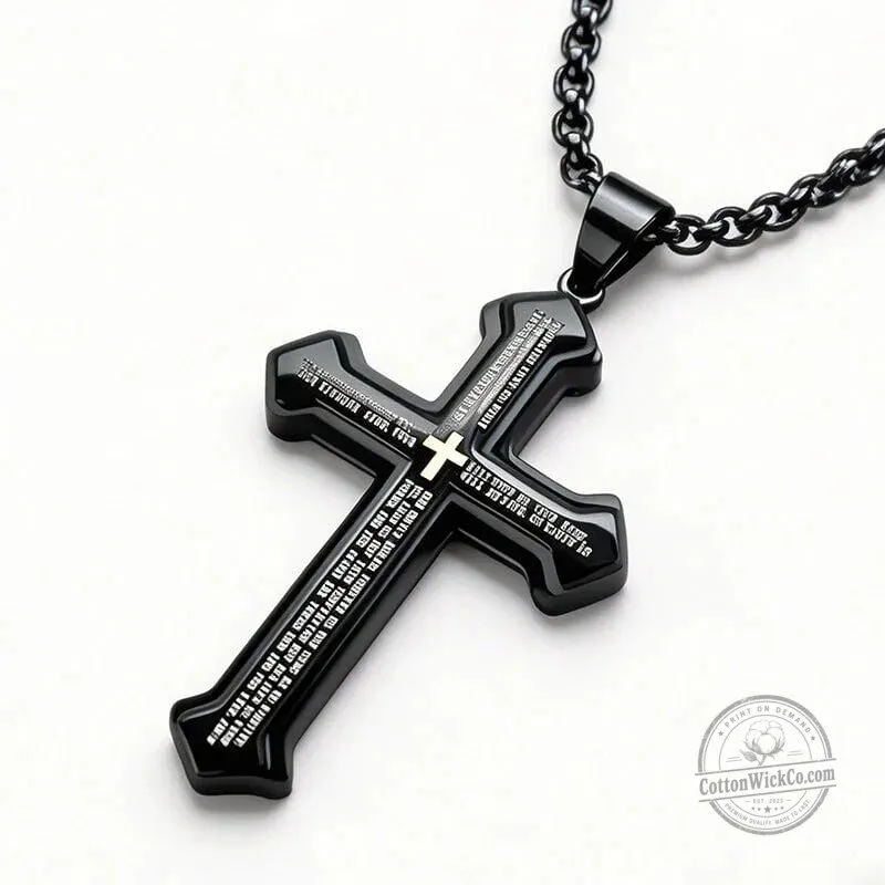 Lord's Prayer Cross Pendant Necklace for Men, Stainless Steel Christian Jewelry 23 Lord
