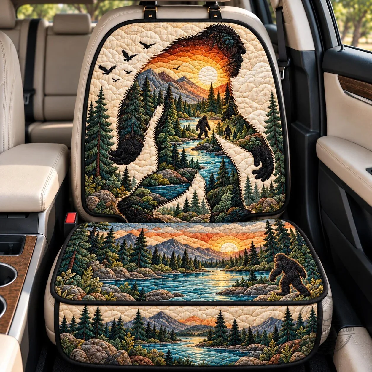 Bigfoot Sunset Silhouette Forest Landscape Quilted Car Seat Protector Cover