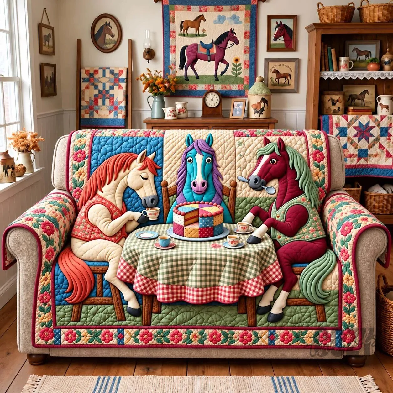 Colorful Horse Tea Party Quilted Sofa Cover with Floral Pattern Trim