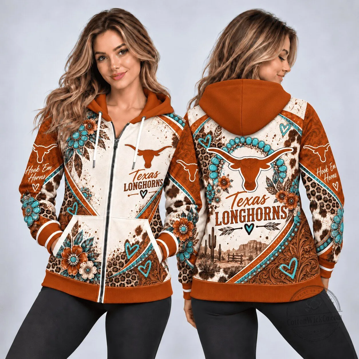 Texas Longhorns Western Boho Style Full-Zip Hoodie for Women