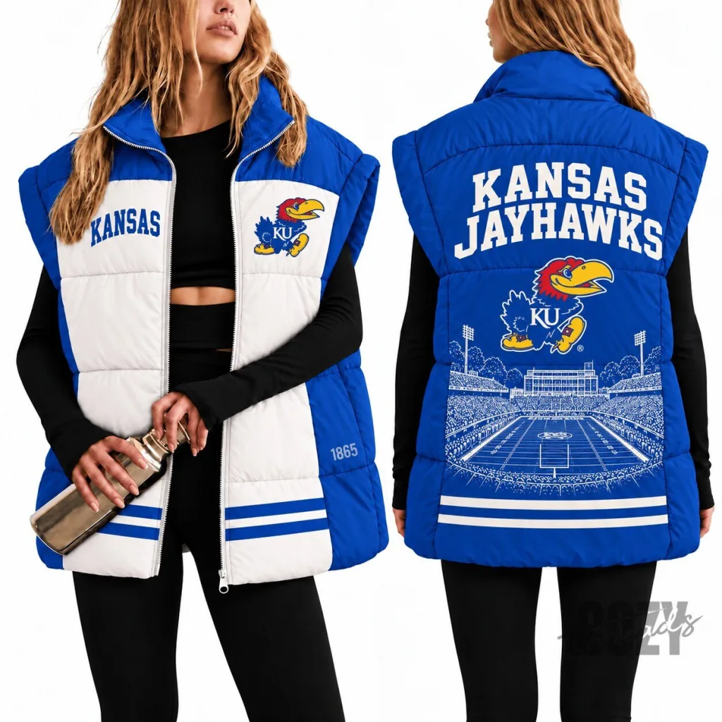 Kansas Jayhawks NCAA Football Team Blue and White Puffer Vest for Women Kansas Jayhawks NCAA Football Team Blue and White Puffer Vest for Women