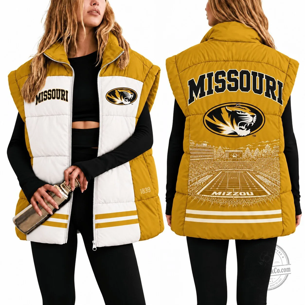 Missouri Tigers NCAA Football Team Gold and White Puffer Vest for Women