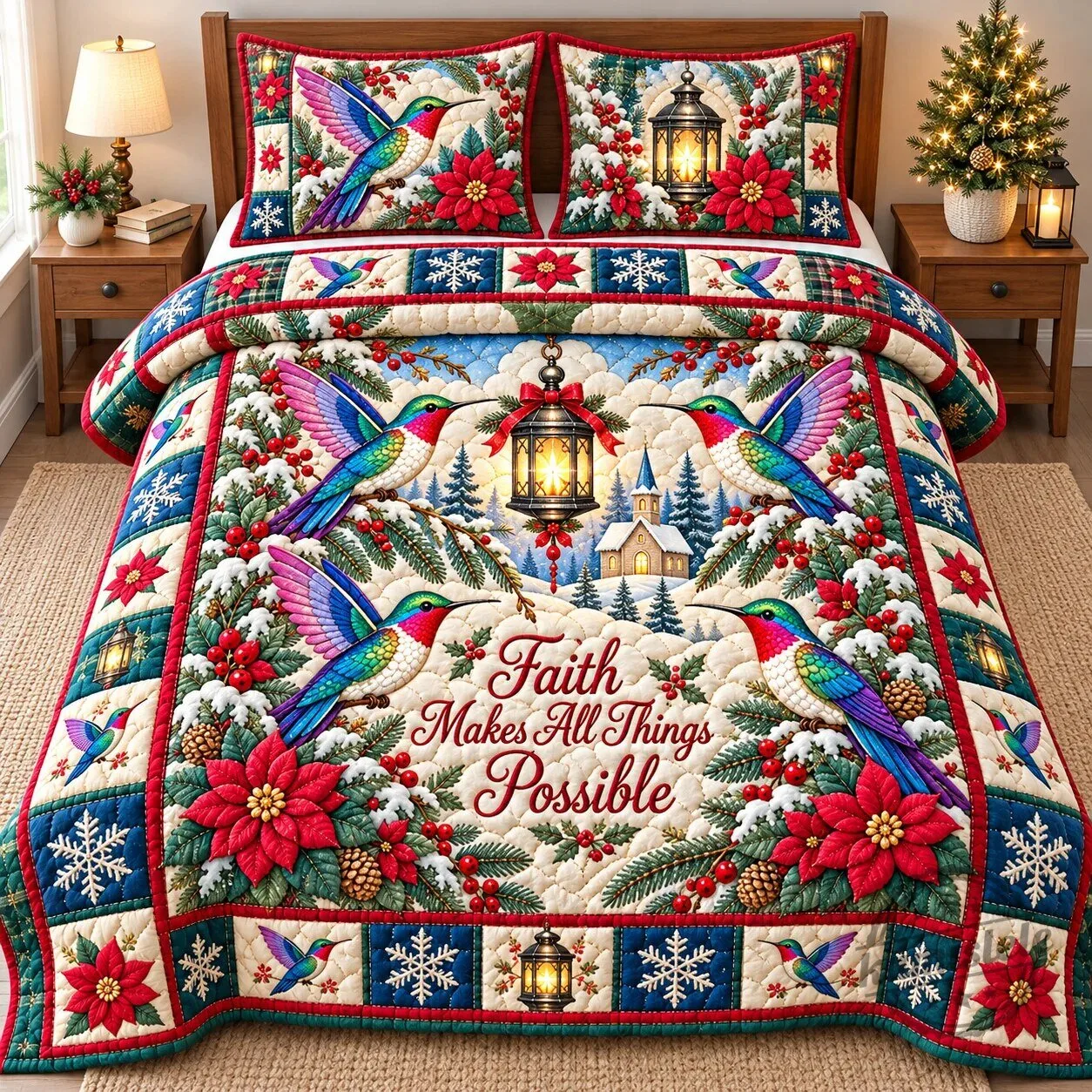Winter Hummingbird Blossoms Faith Makes All Things Possible Quilted Bedding Set