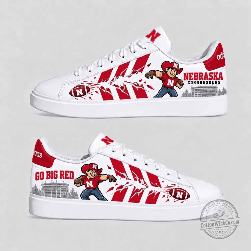 Nebraska Cornhuskers Football Mascot Custom Printed White Sneakers Nebraska Cornhuskers Football Mascot Custom Printed White Sneakers