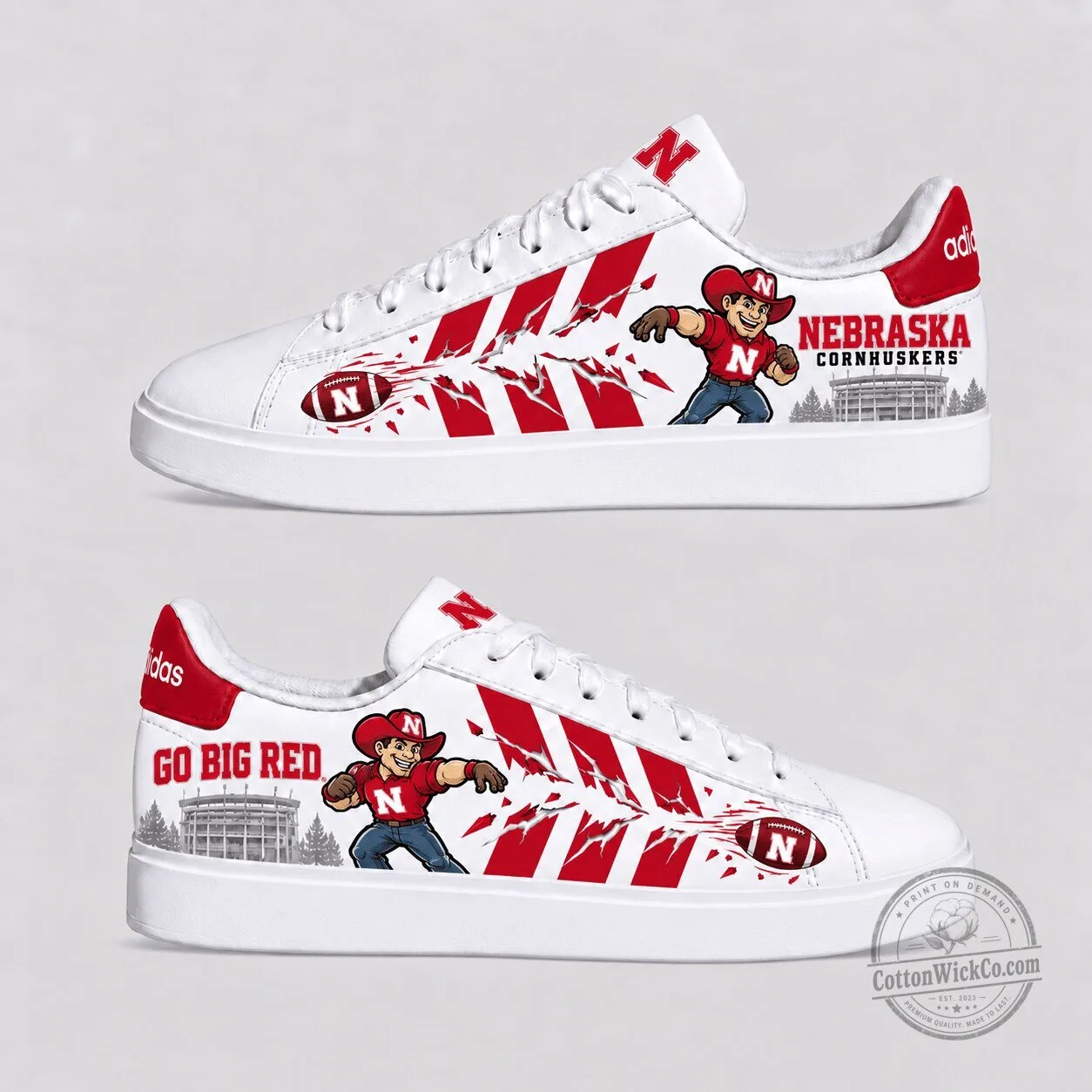Nebraska Cornhuskers Football Mascot Custom Printed White Sneakers
