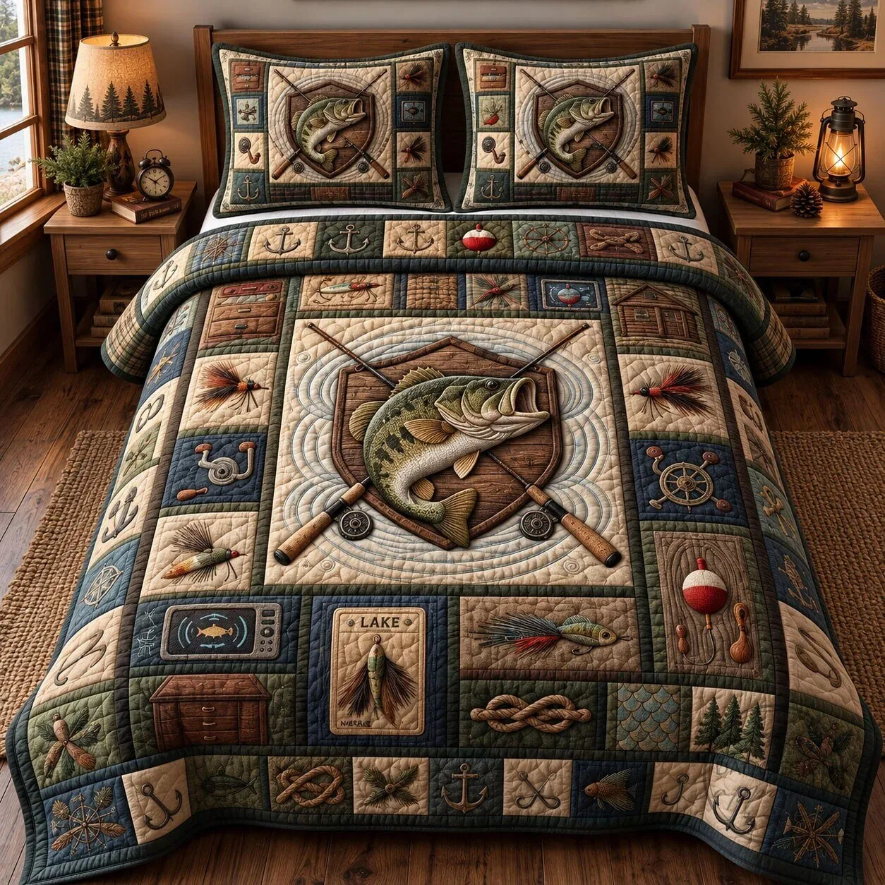 Rustic Bass Fishing Quilted Bedding Set with Lake and Lure Pattern