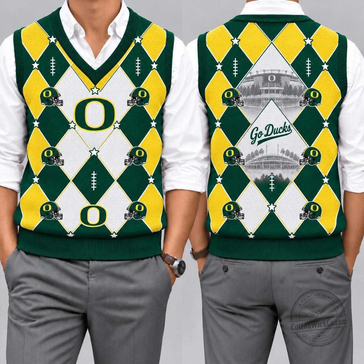 Oregon Ducks Football Team Argyle Pattern V-Neck Sleeveless Knit Vest