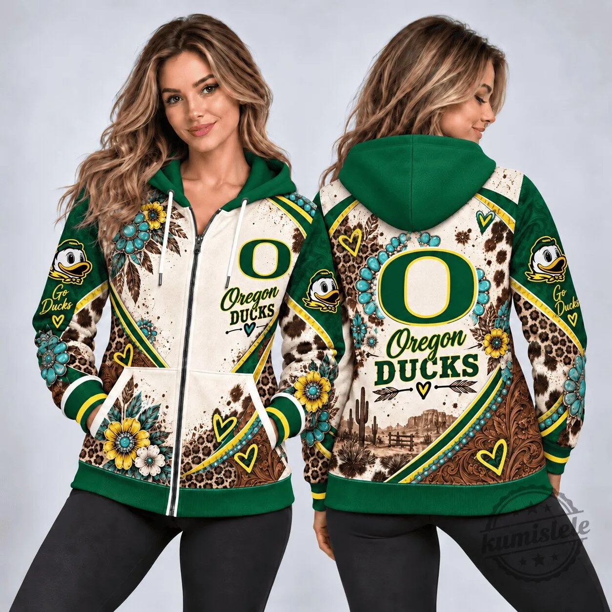 Oregon Ducks Western Boho Style Full-Zip Hoodie