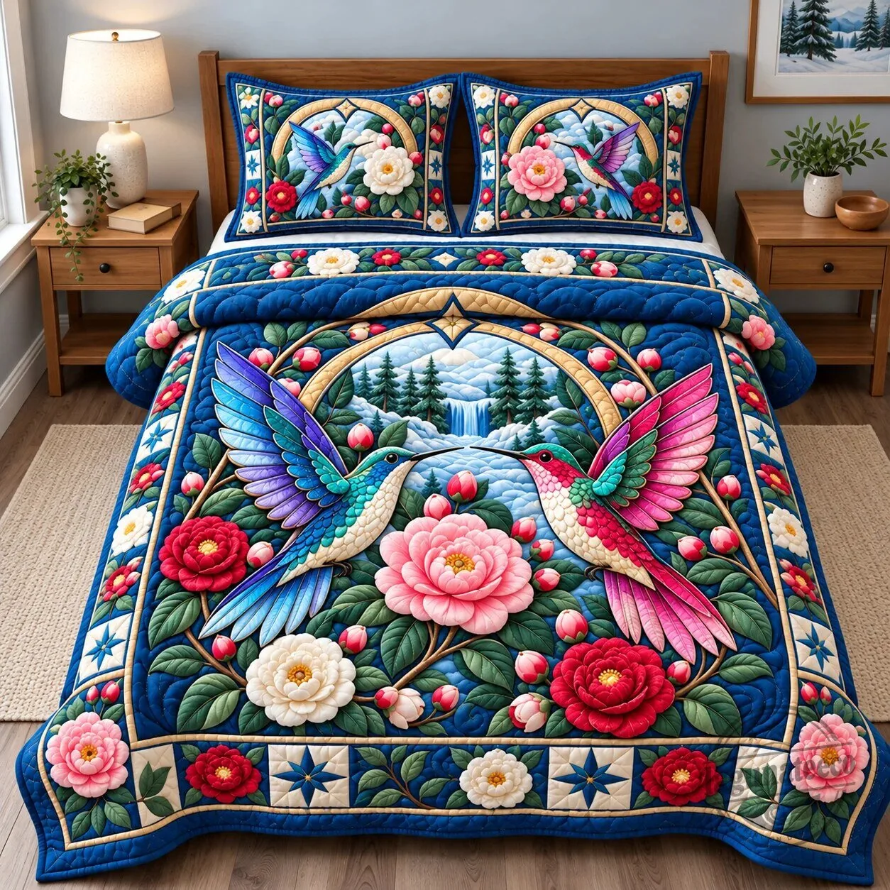 Winter Hummingbird Symphony Floral Quilted Bedding Set with Pillow Shams