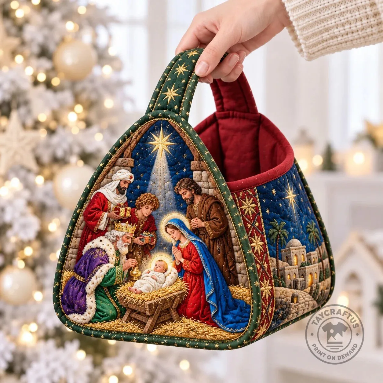 Three Wise Men Nativity Christmas Quilted Basket with Holy Family Scene