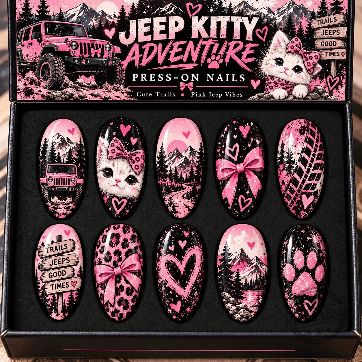Hello Kitty Jeep Pink Bows and Adventure Trails Press-On Nails Set