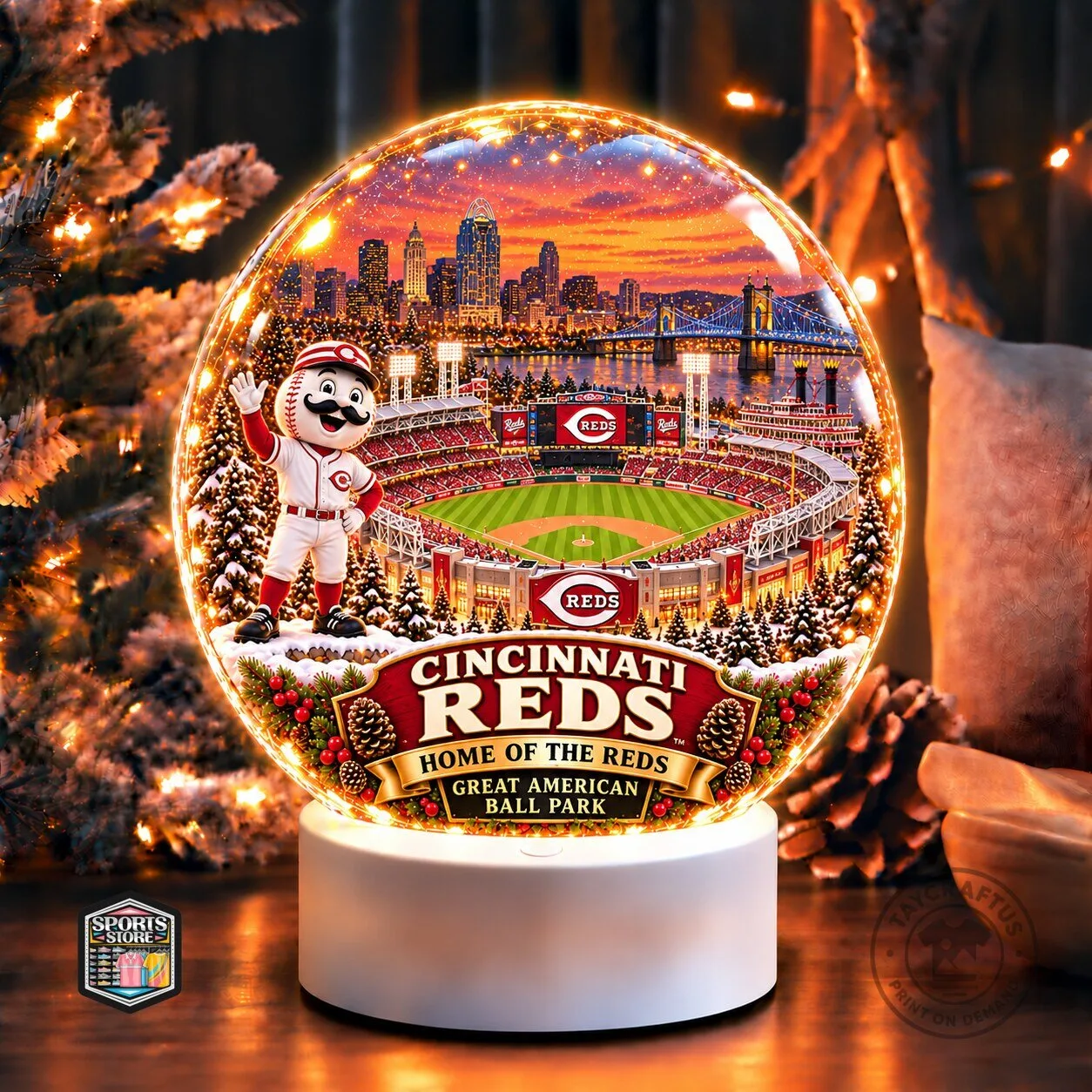 Cincinnati Reds Great American Ball Park Christmas Snow Globe Night Light