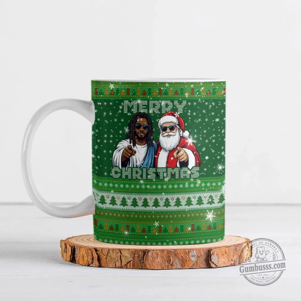 Black Jesus and Santa Claus Ugly Christmas Sweater Design Holiday Mug
