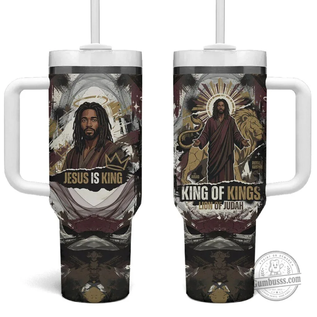 Jesus Is King Lion of Judah Christian Religious Faith Black Tumbler with Handle