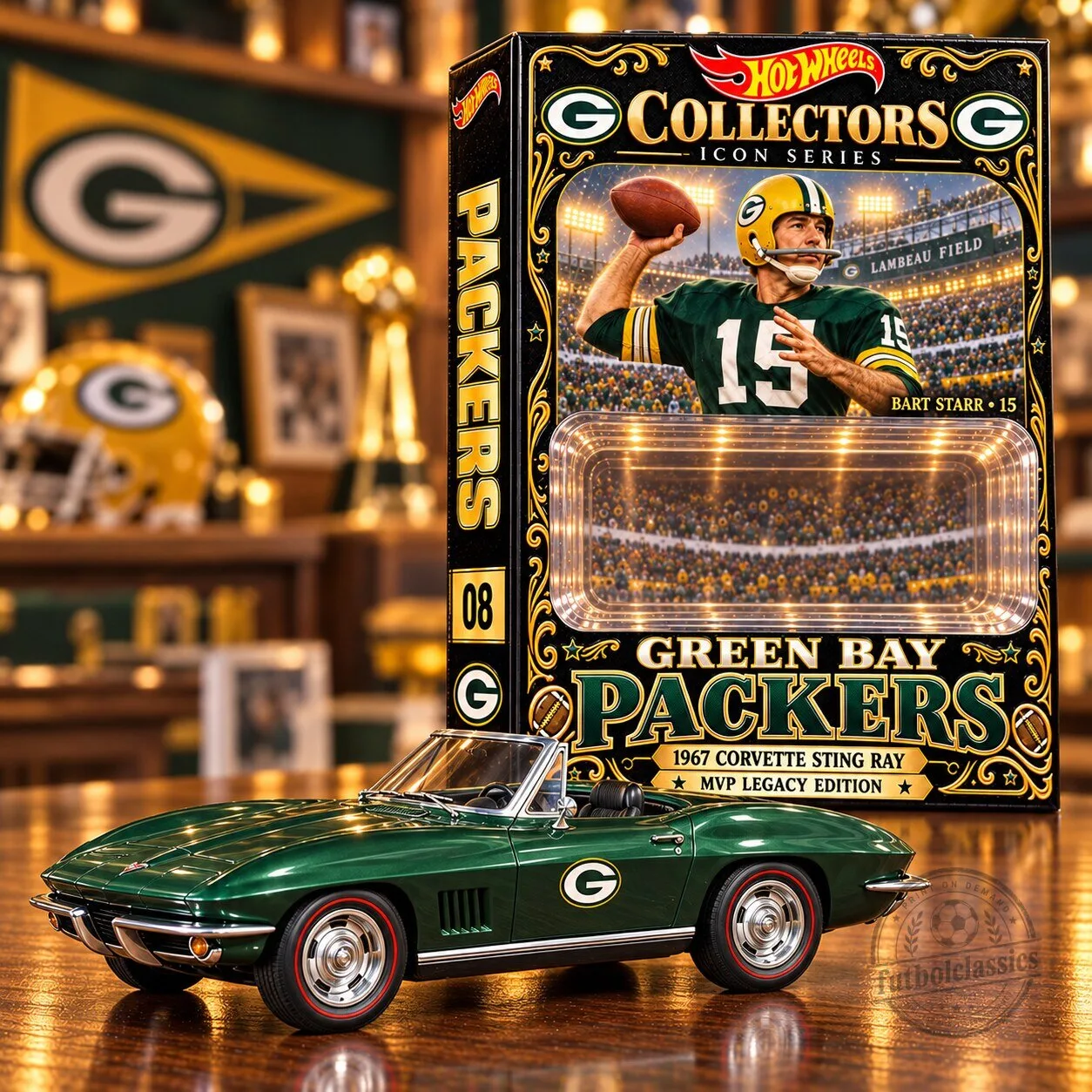 Green Bay Packers Hot Wheels 1967 Corvette Sting Ray Bart Starr Die-Cast Car 1 Green Bay Packers Hot Wheels 1967 Corvette Sting Ray Bart Starr Die-Cast Car