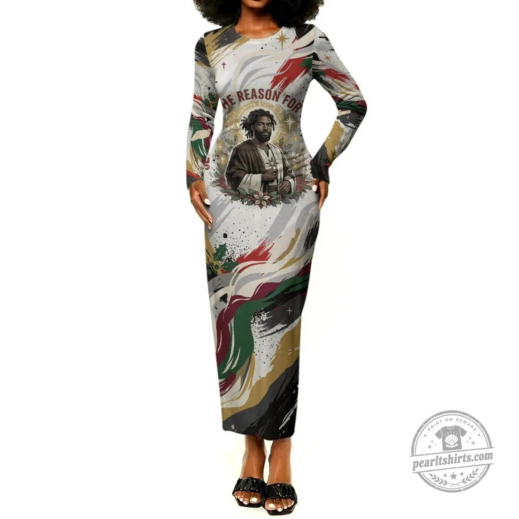 King Jesus Black Christmas Long Sleeve Bodycon Dress Religious Christian Faith Nativity Poinsettia