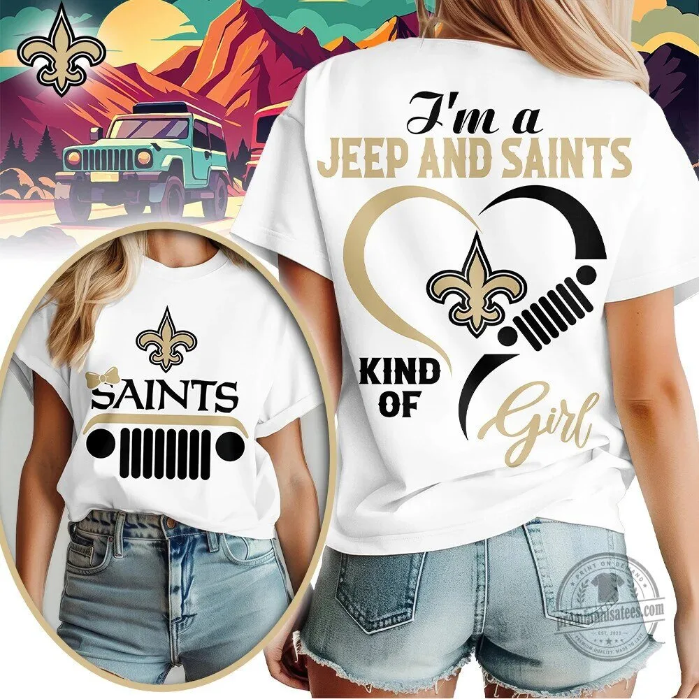 New Orleans Saints Jeep Girl Heart Design Women's White Cotton T-Shirt
