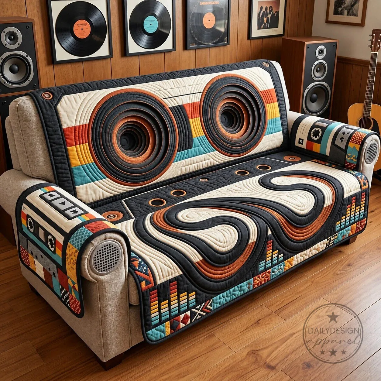 Retro Cassette Tape Design Quilted Sofa Slipcover Couch Protector