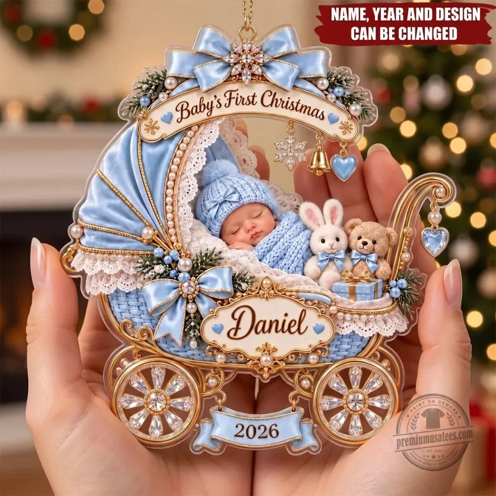 Baby's First Christmas Personalized Carriage Ornament with Sleeping Newborn Baby's First Christmas Personalized Carriage Ornament with Sleeping Newborn