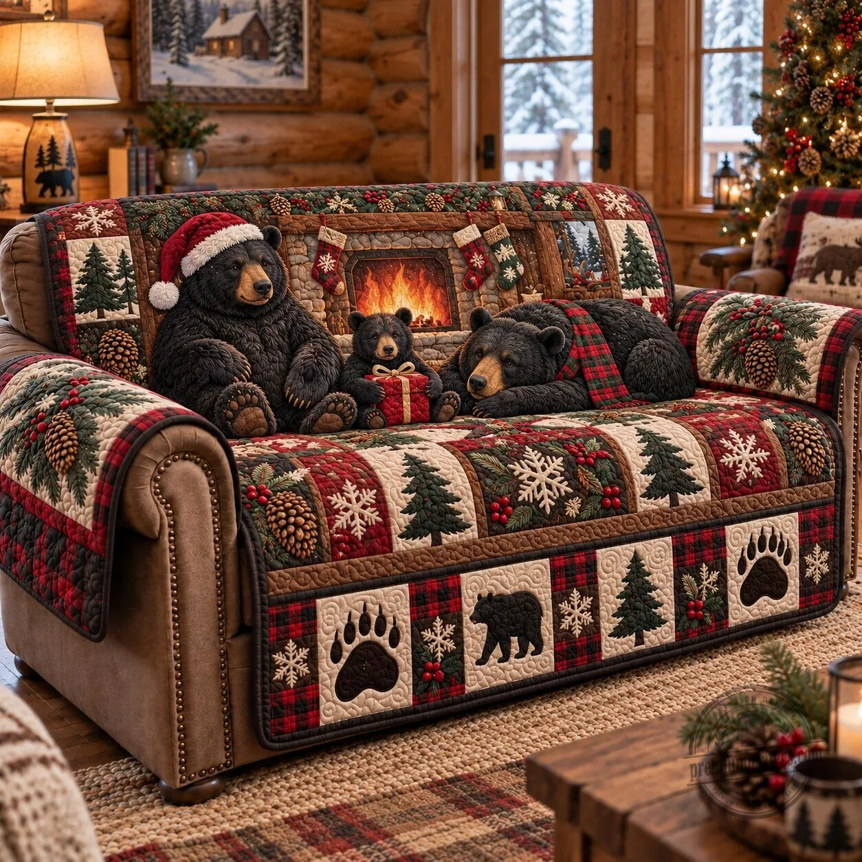 Cozy Christmas Bears Quilted Sofa Cover for Living Room Decor