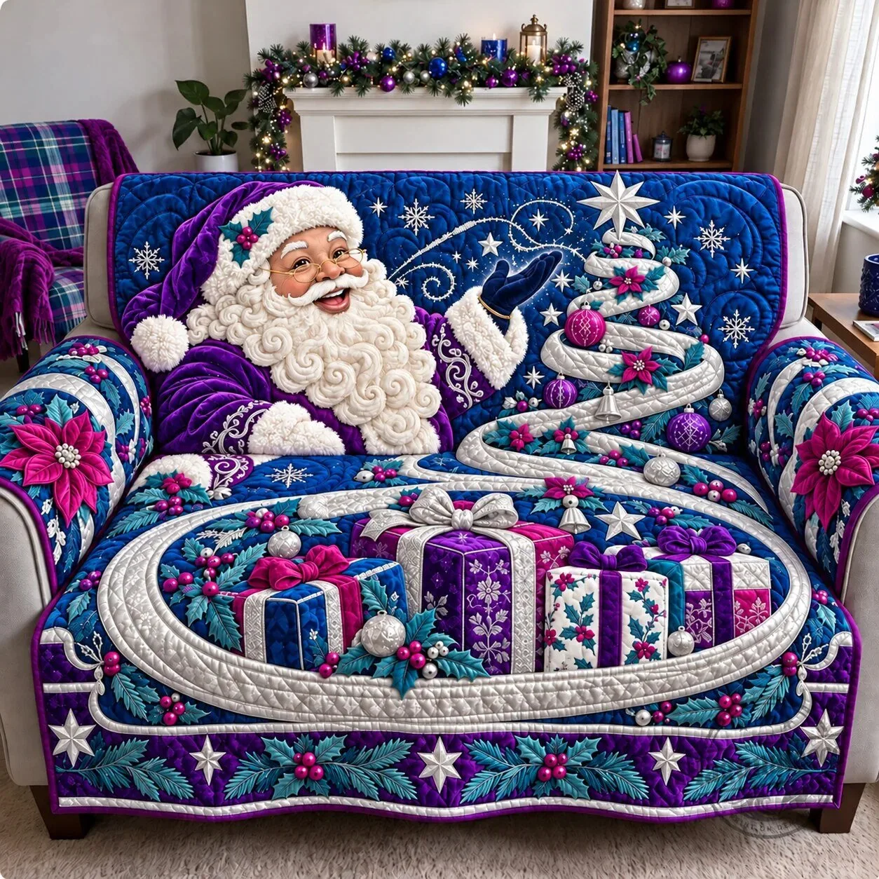 Purple Christmas Santa Claus Magic Quilted Sofa Cover