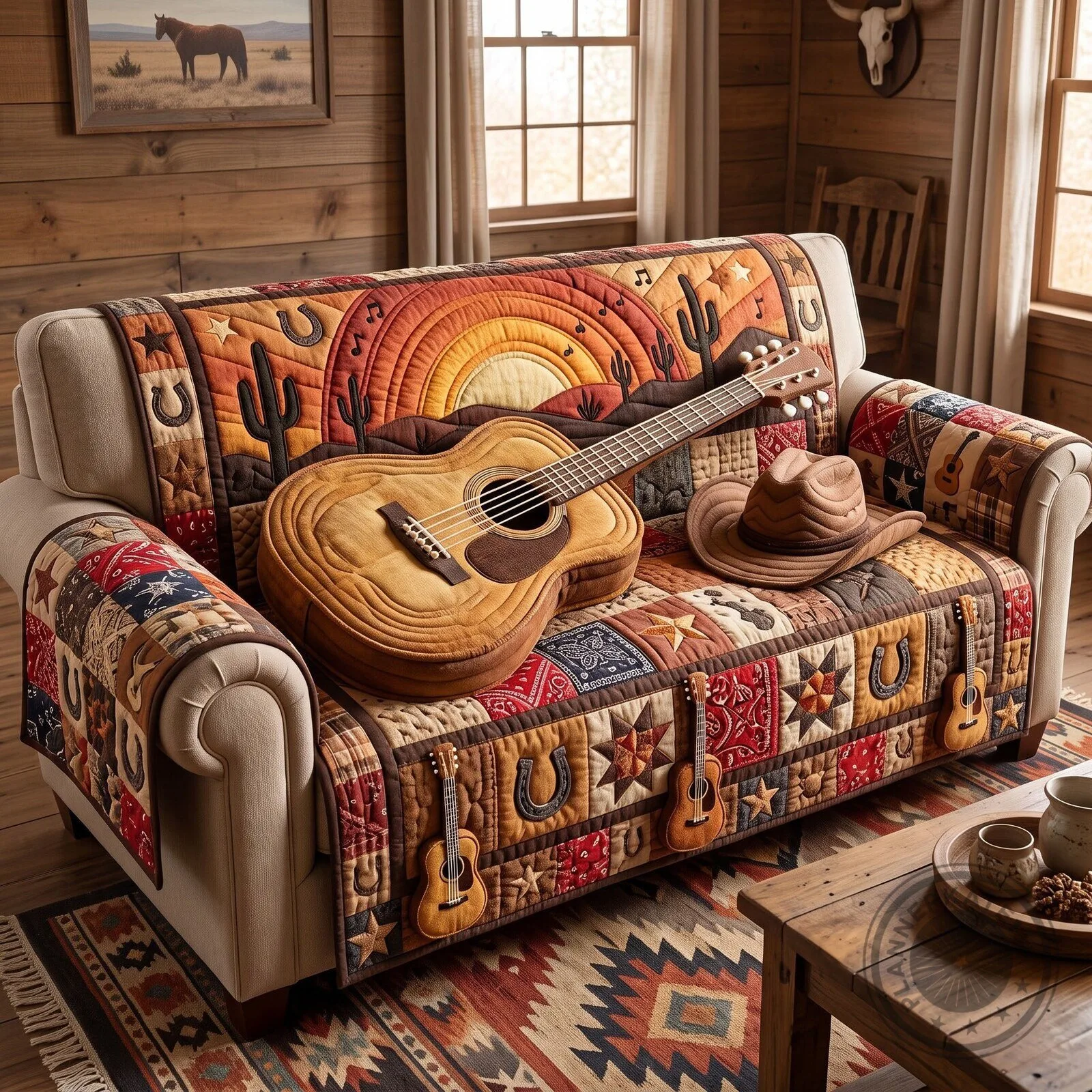 Western Country Guitar Lover Sofa Cover Quilted Throw Blanket Couch Protector