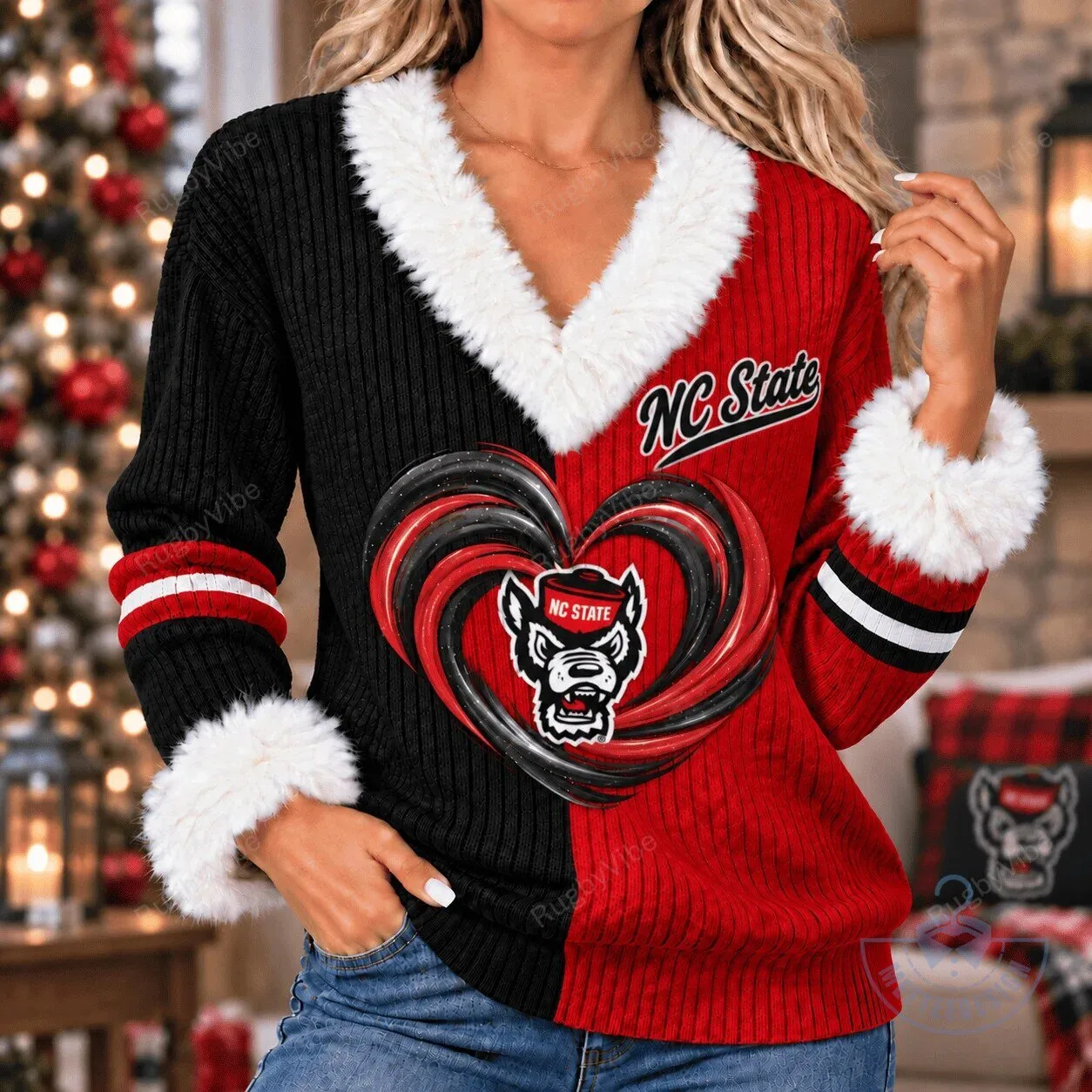 NC State Wolfpack Split Color Heart Design Faux Fur Trimmed Long Sleeve Sweater