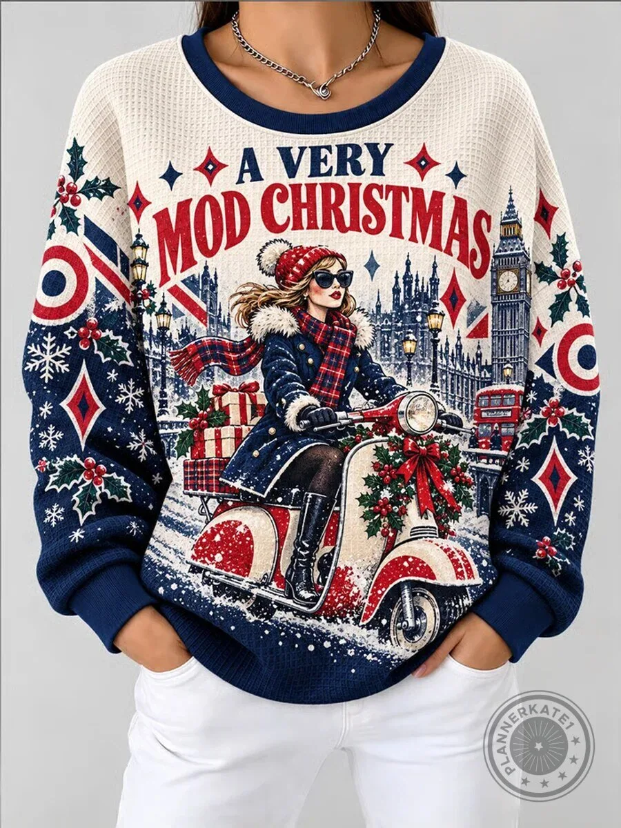 A Very Mod Christmas Woman Riding Scooter in London Holiday Sweatshirt