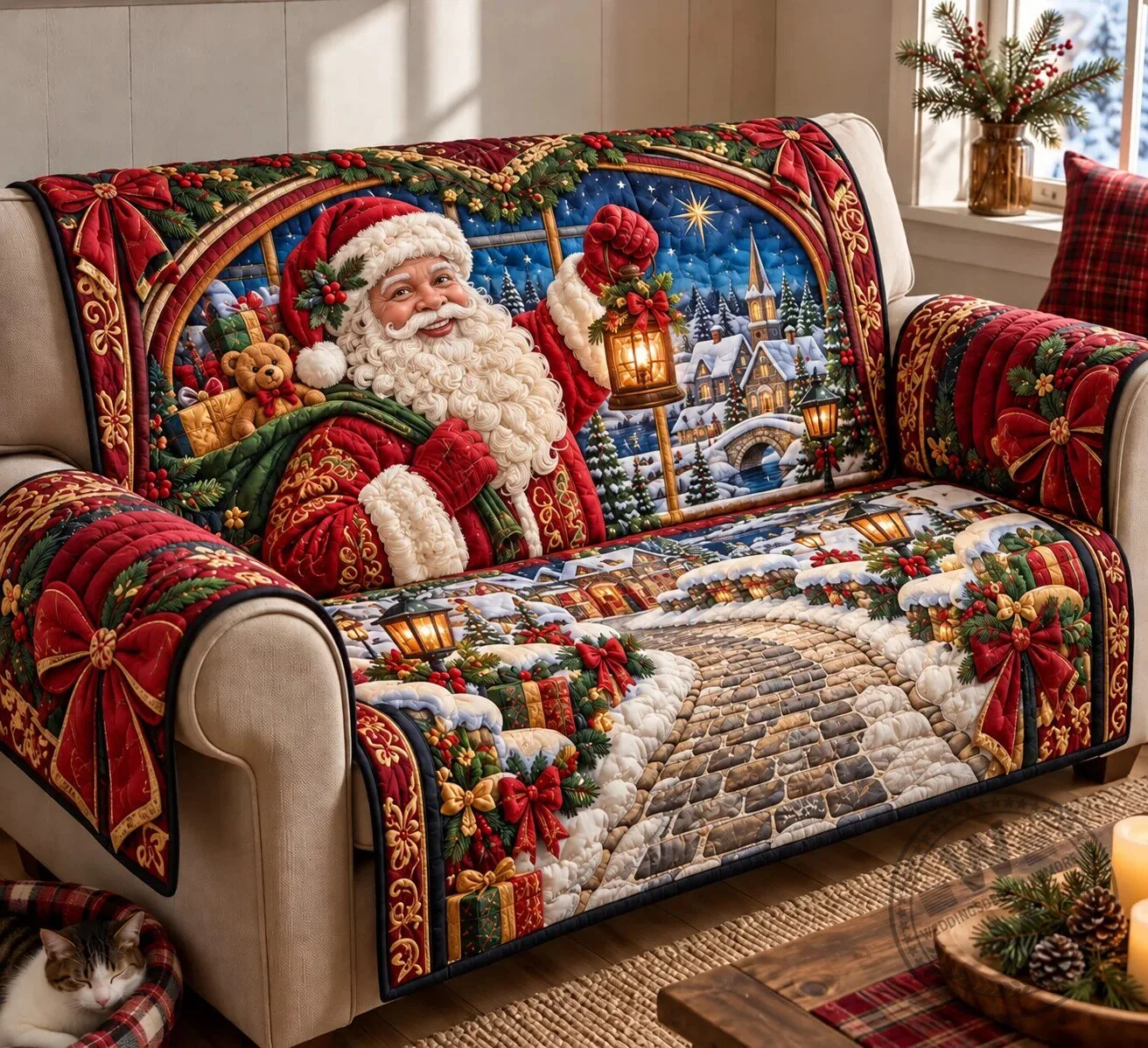 Santa Claus Christmas Village Quilted Sofa Cover for Holiday Home Decor