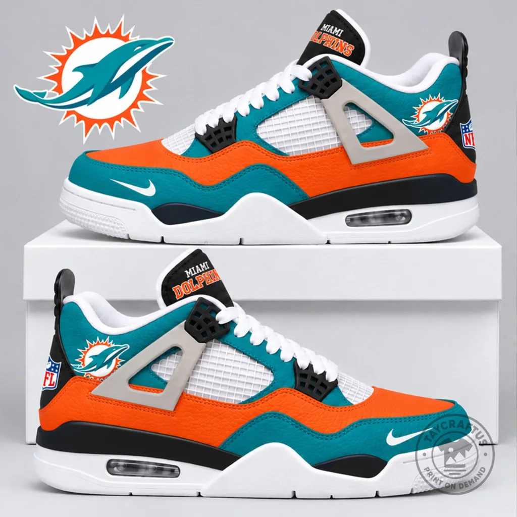 Miami Dolphins NFL Team Logo Orange Teal White Sneakers Shoes Miami Dolphins NFL Team Logo Orange Teal White Sneakers Shoes