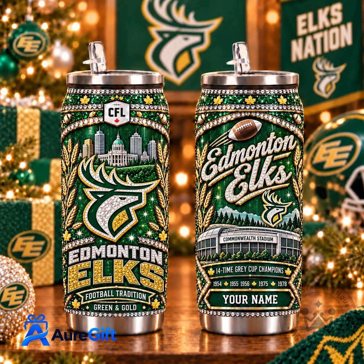 Edmonton Elks Football Team Personalized Christmas Can Tumbler