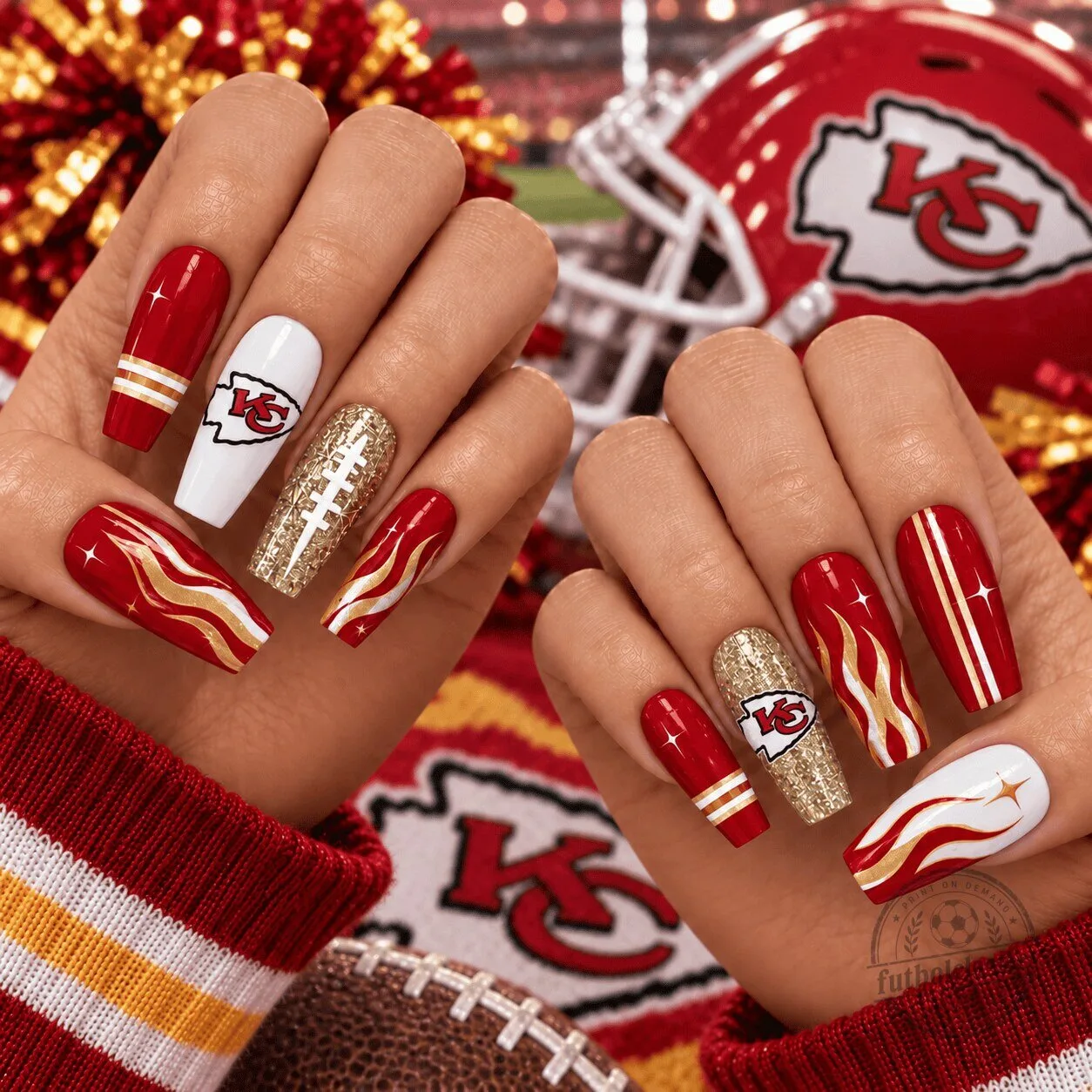 Kansas City Chiefs Football Team Red and Gold Glitter Press-On Nails Set