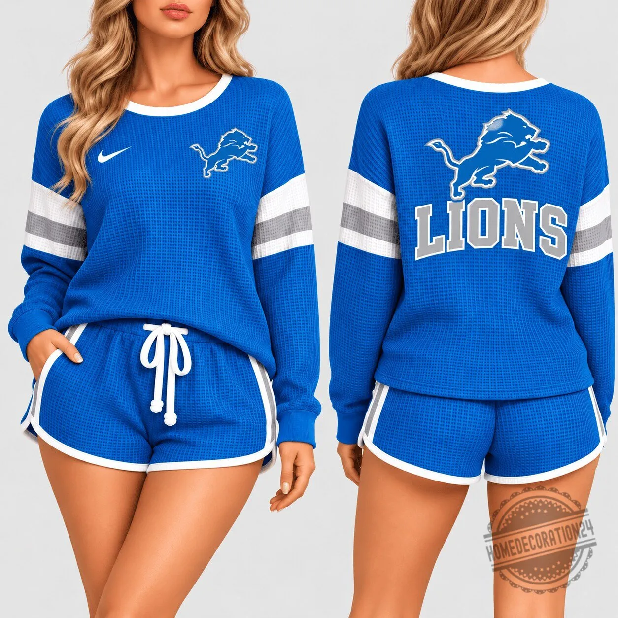 Detroit Lions Women's Waffle Knit Long Sleeve Sweatshirt and Shorts Set
