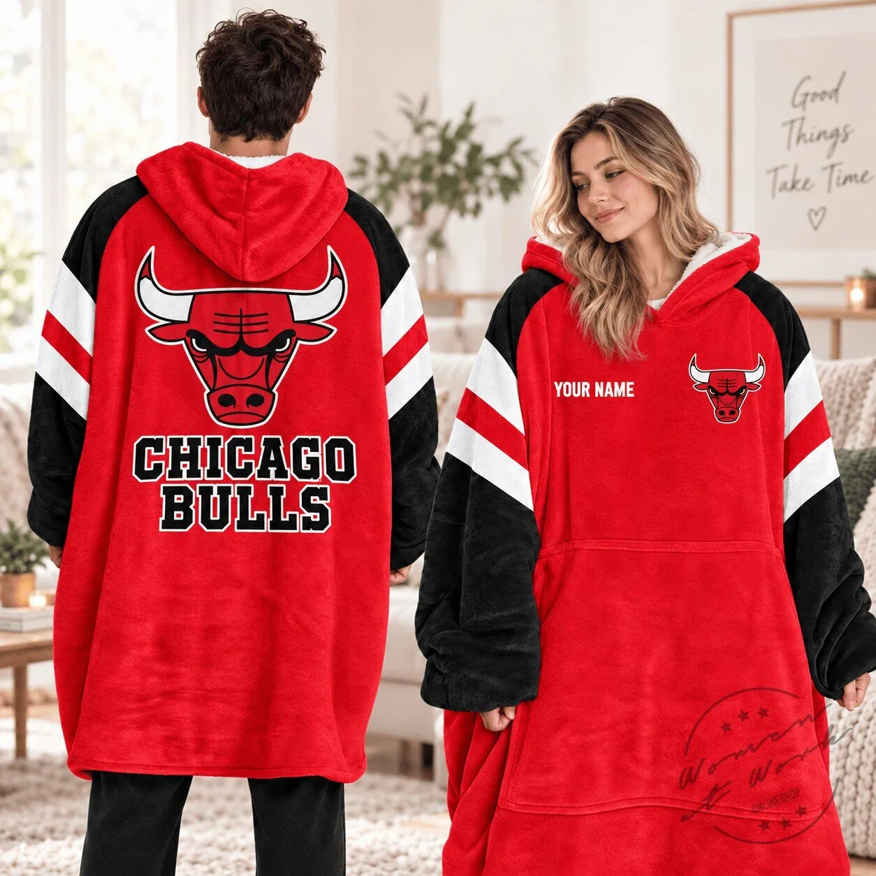 Chicago Bulls NBA Oversized Wearable Blanket Hoodie with Custom Name