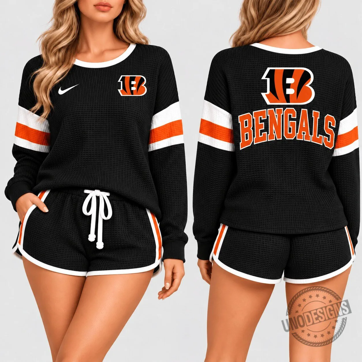 Cincinnati Bengals Women's Black and Orange Striped Waffle Knit Lounge Set