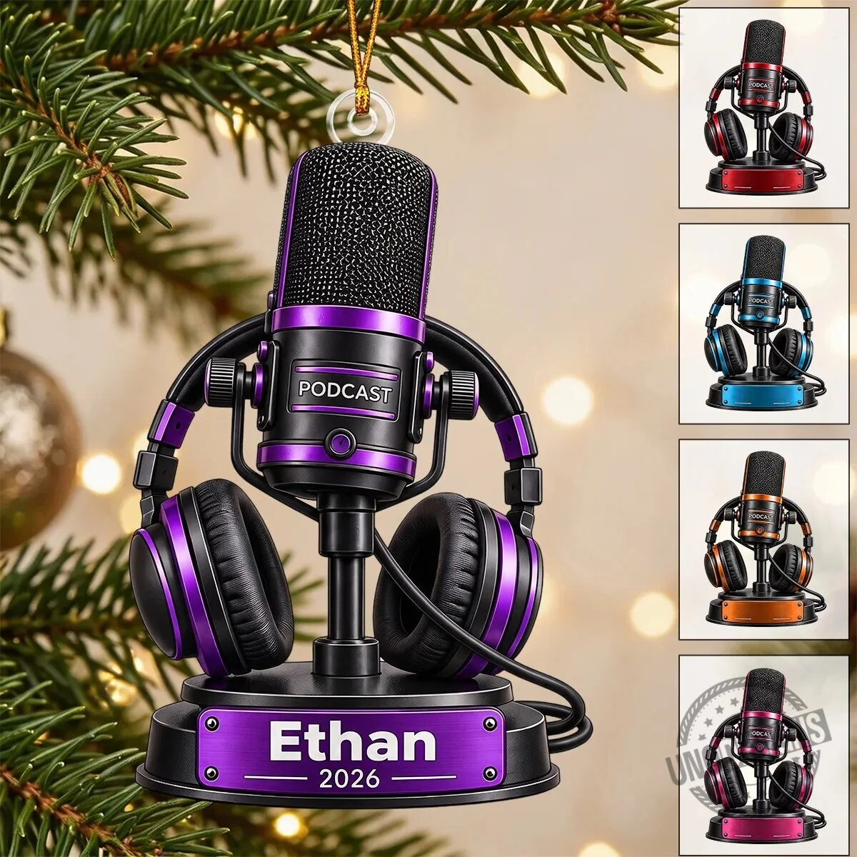 Personalized Podcast Microphone and Headphone Christmas Tree Ornament