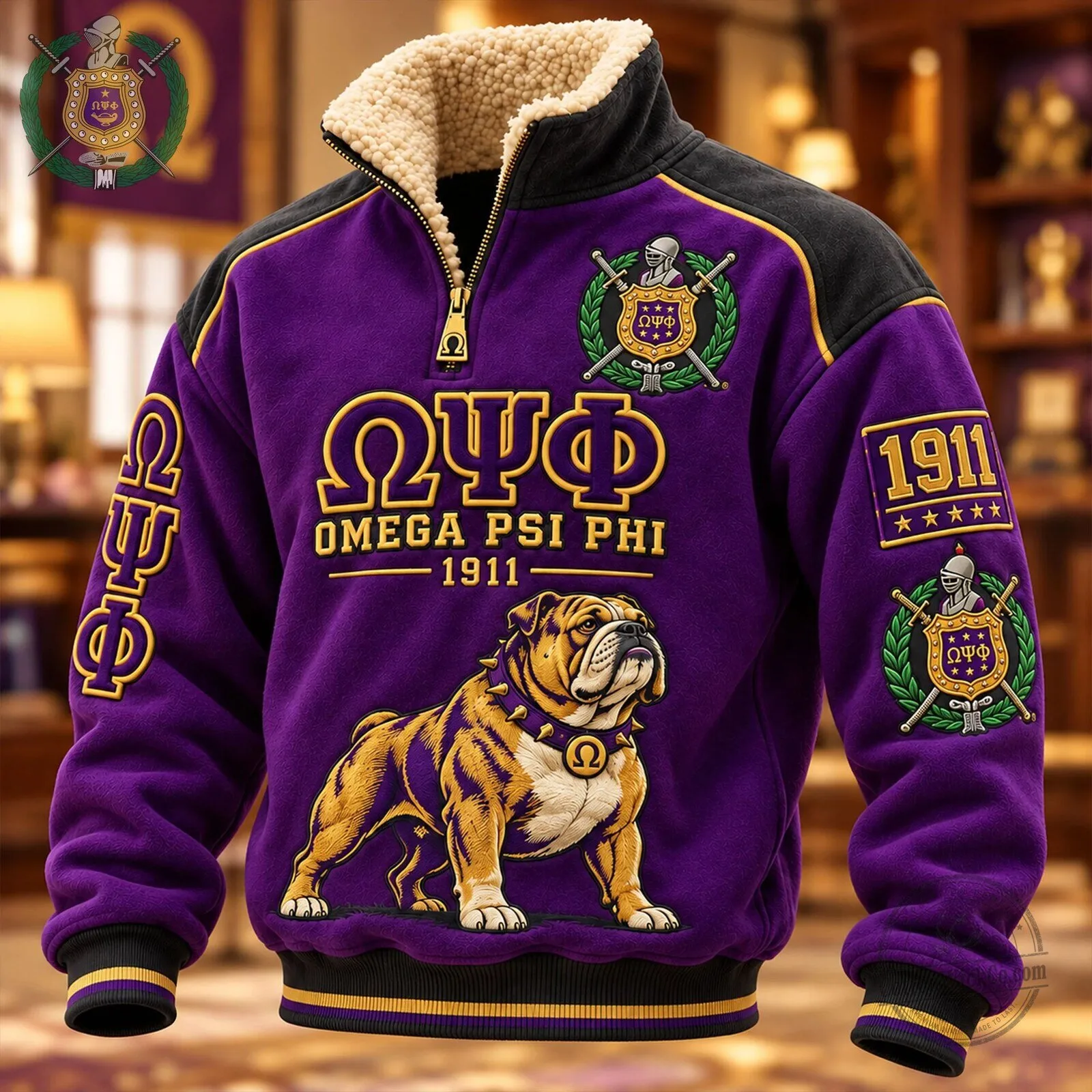Omega Psi Phi Fraternity Bulldog Mascot Purple Sherpa Collar Pullover
