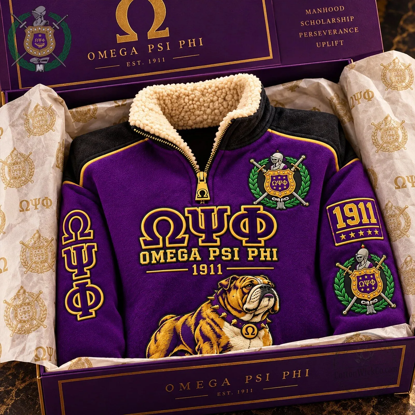 Omega Psi Phi Fraternity Bulldog Mascot Purple Sherpa Collar Pullover 5 Omega Psi Phi Fraternity Bulldog Mascot Purple Sherpa Collar Pullover