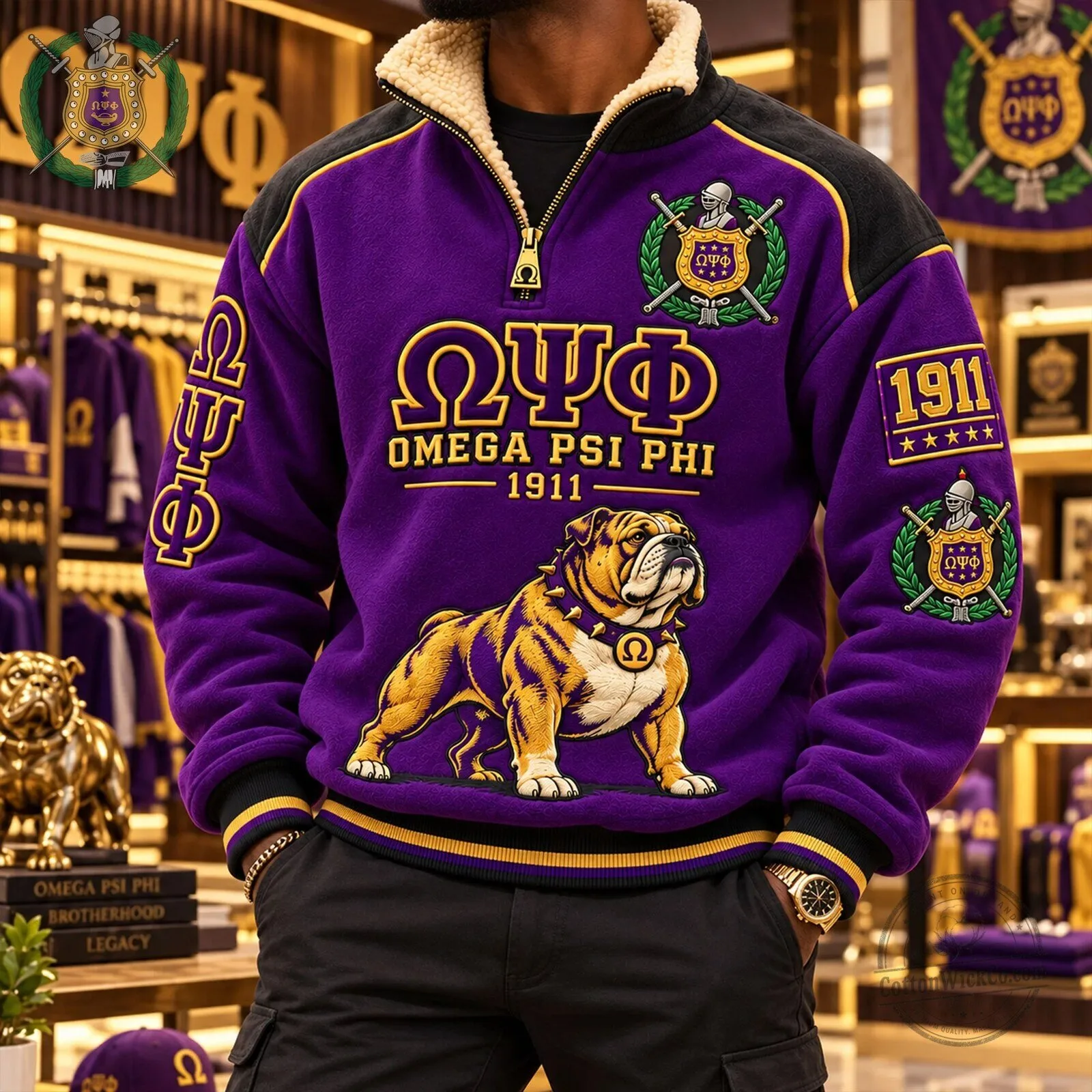 Omega Psi Phi Fraternity Bulldog Mascot Purple Sherpa Collar Pullover 6 Omega Psi Phi Fraternity Bulldog Mascot Purple Sherpa Collar Pullover