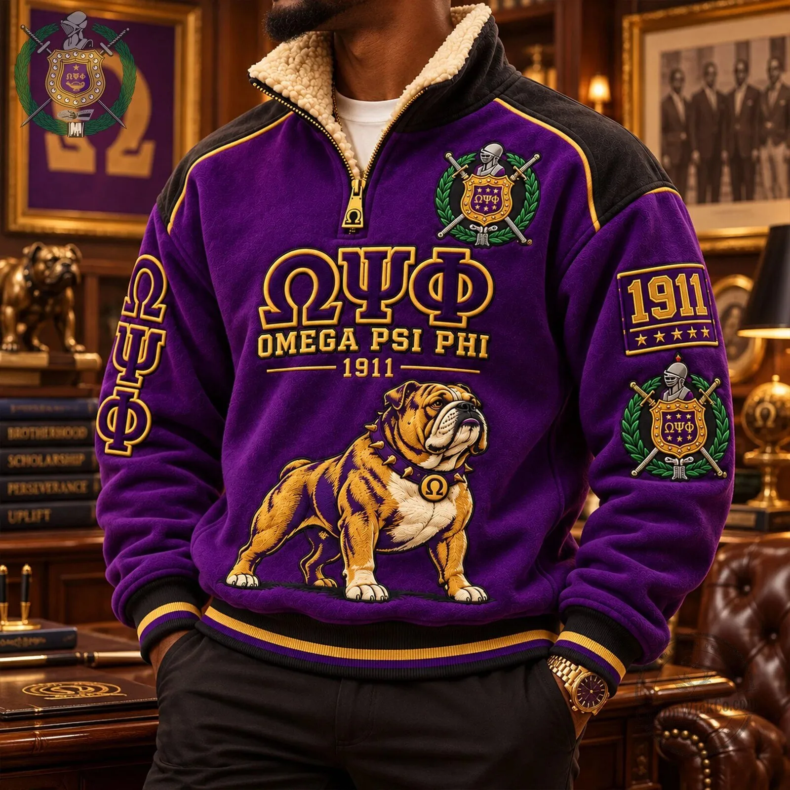 Omega Psi Phi Fraternity Bulldog Mascot Purple Sherpa Collar Pullover 7 Omega Psi Phi Fraternity Bulldog Mascot Purple Sherpa Collar Pullover