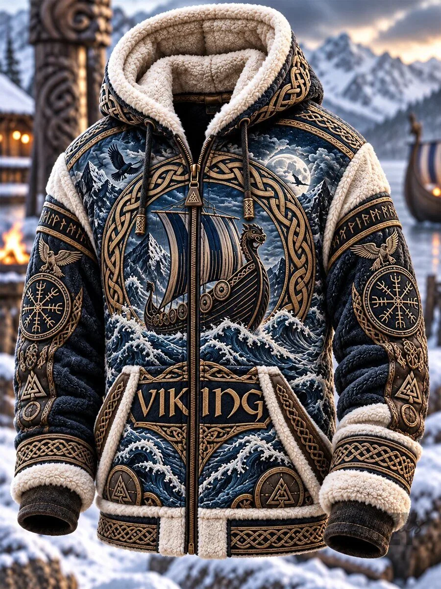 Viking Art Nordic Mythology Winter Sherpa Lined Full-Zip Hoodie