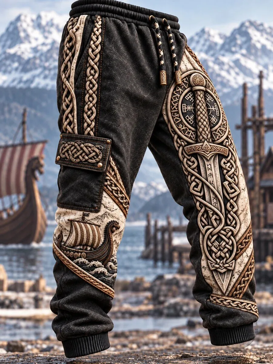 Viking Art Norse Mythology Celtic Knotwork Sword Dragon Ship Men's Jogger Pants