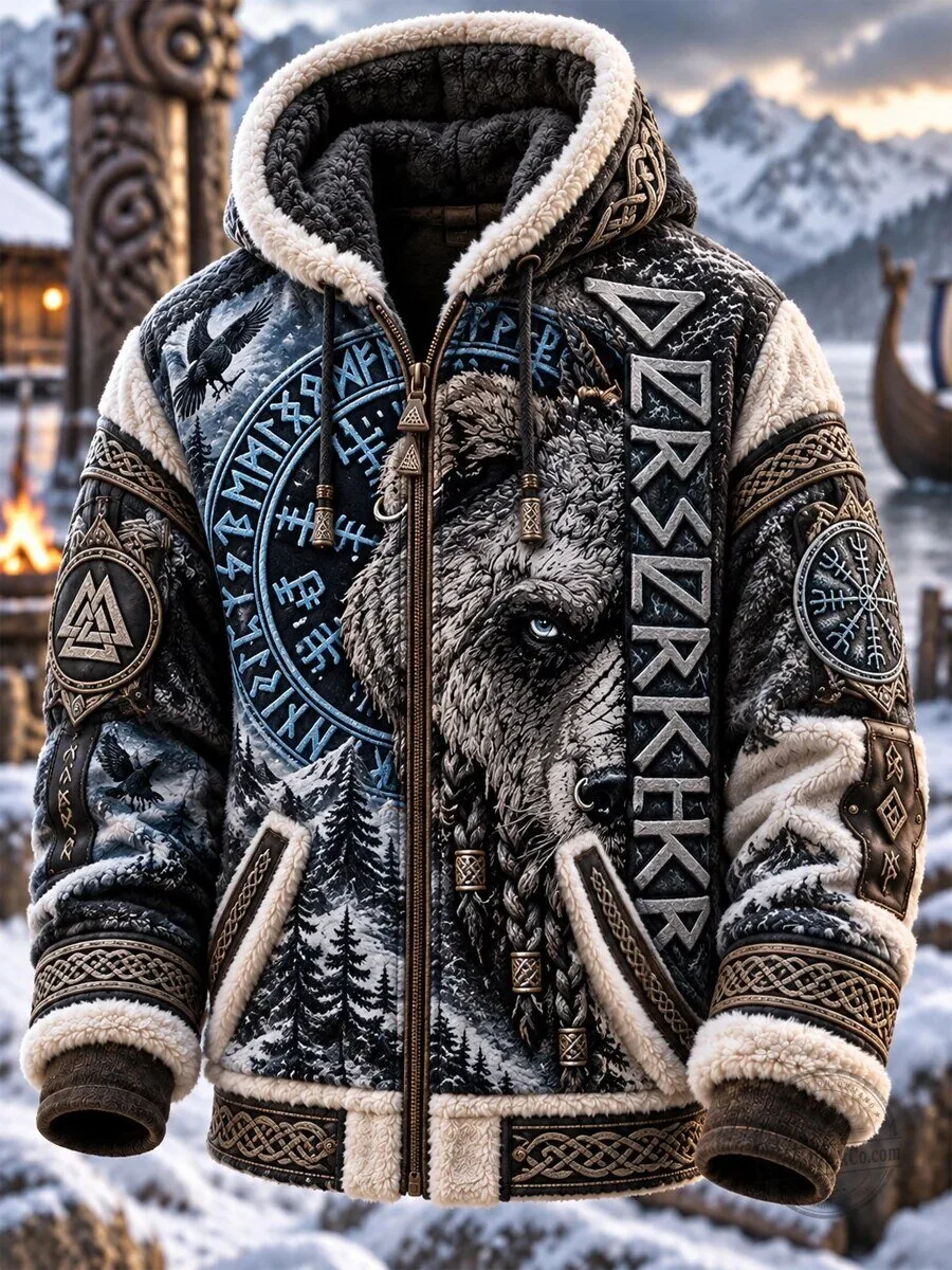 Viking Berserker Wolf Art Fleece Lined Winter Hooded Jacket