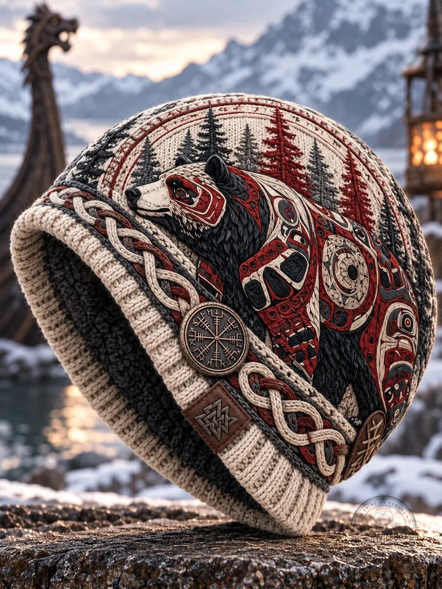 Viking Bear Nordic Knitted Winter Beanie Hat with Celtic Knotwork Design