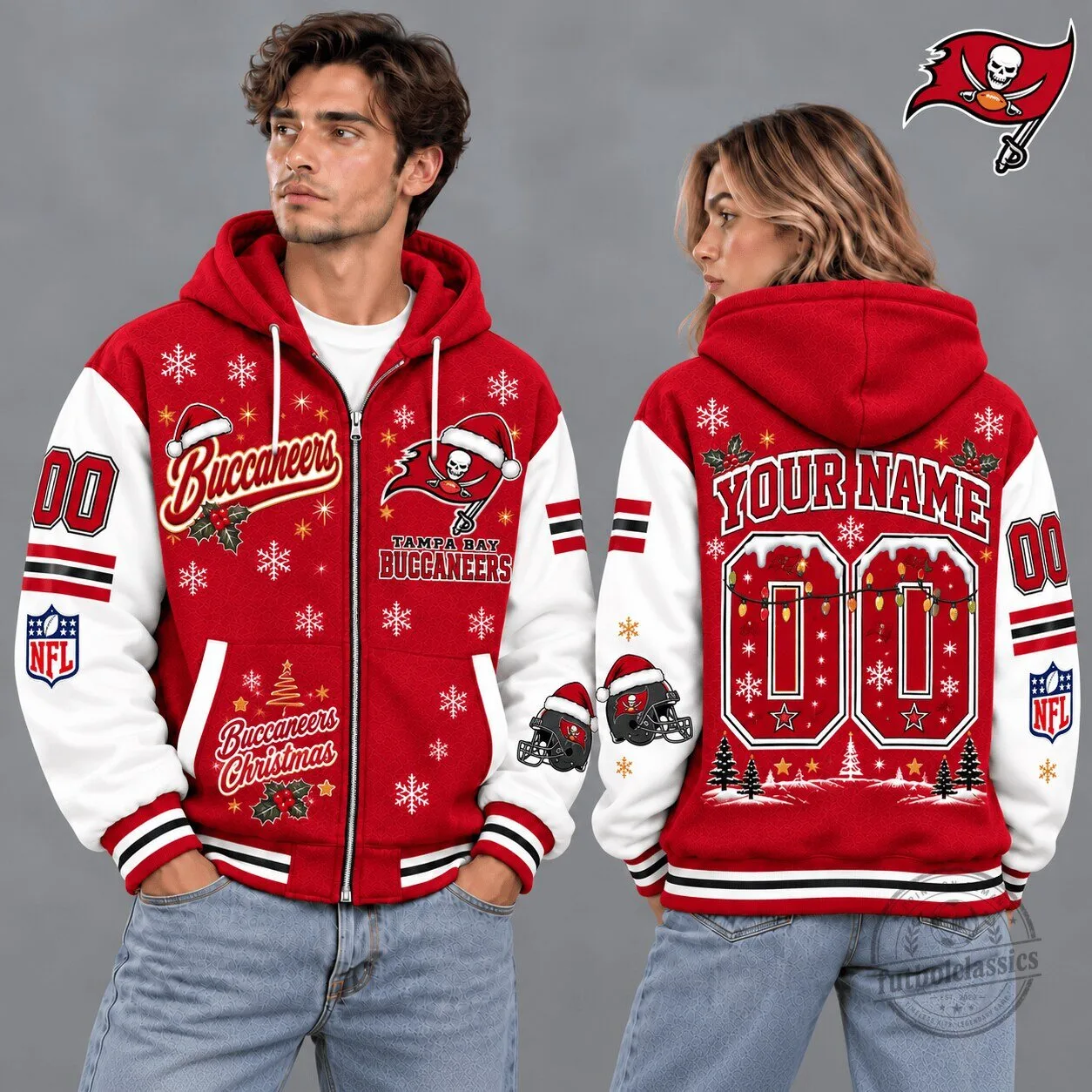 Tampa Bay Buccaneers Christmas Snowflake Custom Name Number Zip Hoodie