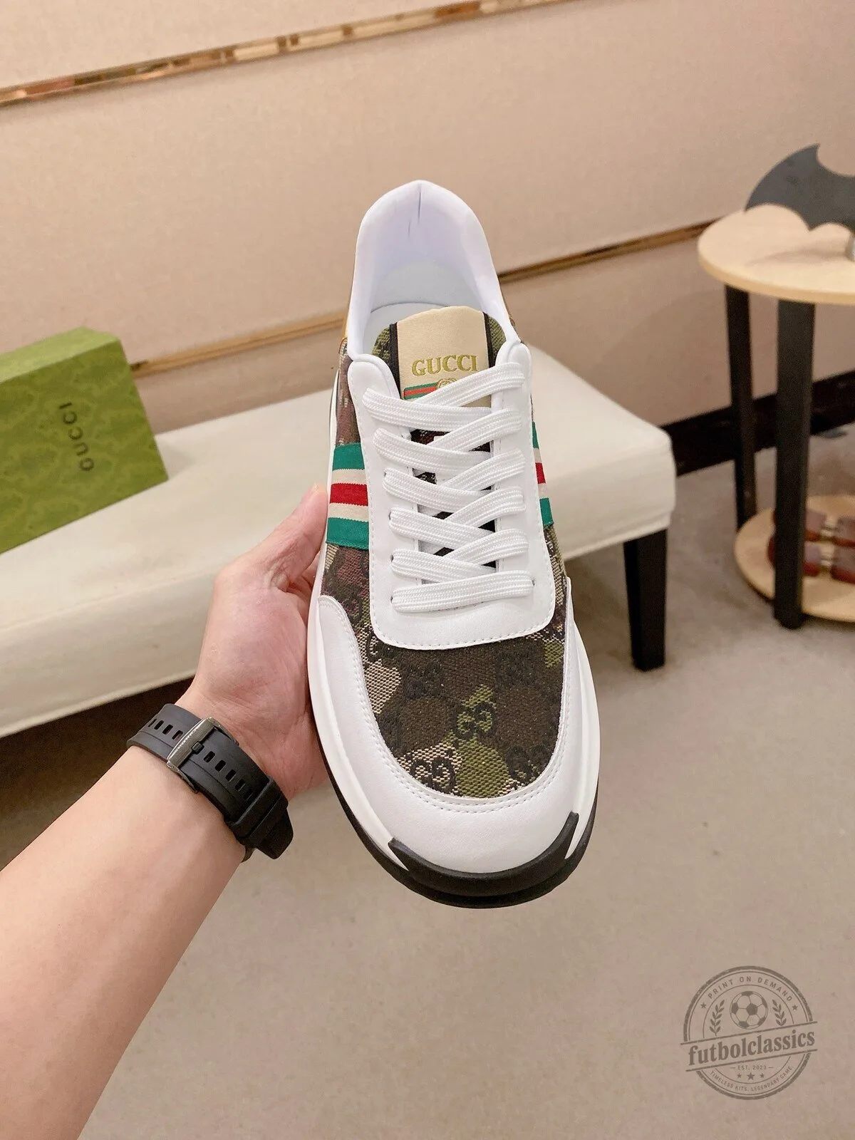 Gucci Patterned White Leather and Canvas Fashion Sneakers for Men