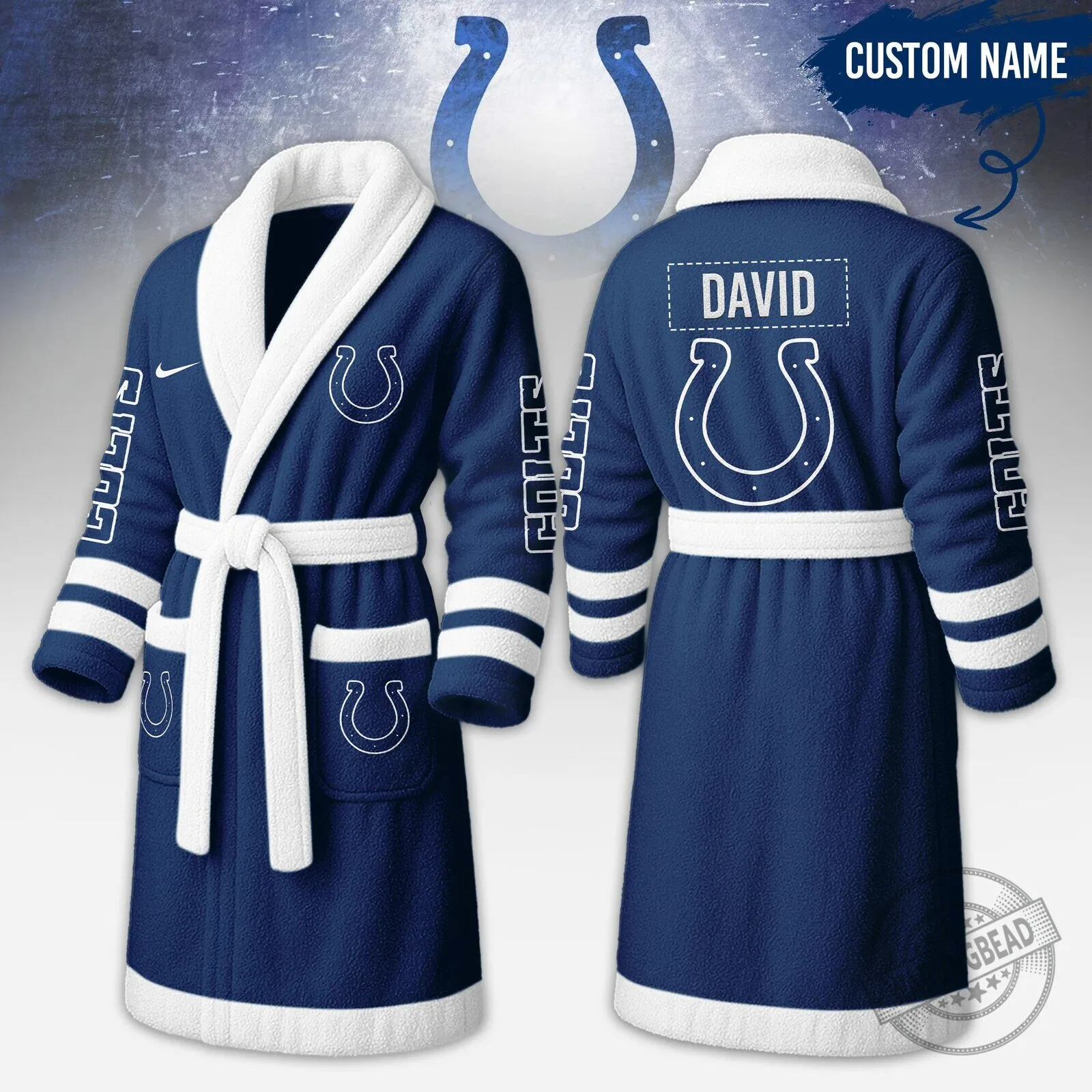 Indianapolis Colts Football Team Custom Name Blue and White Fleece Bathrobe