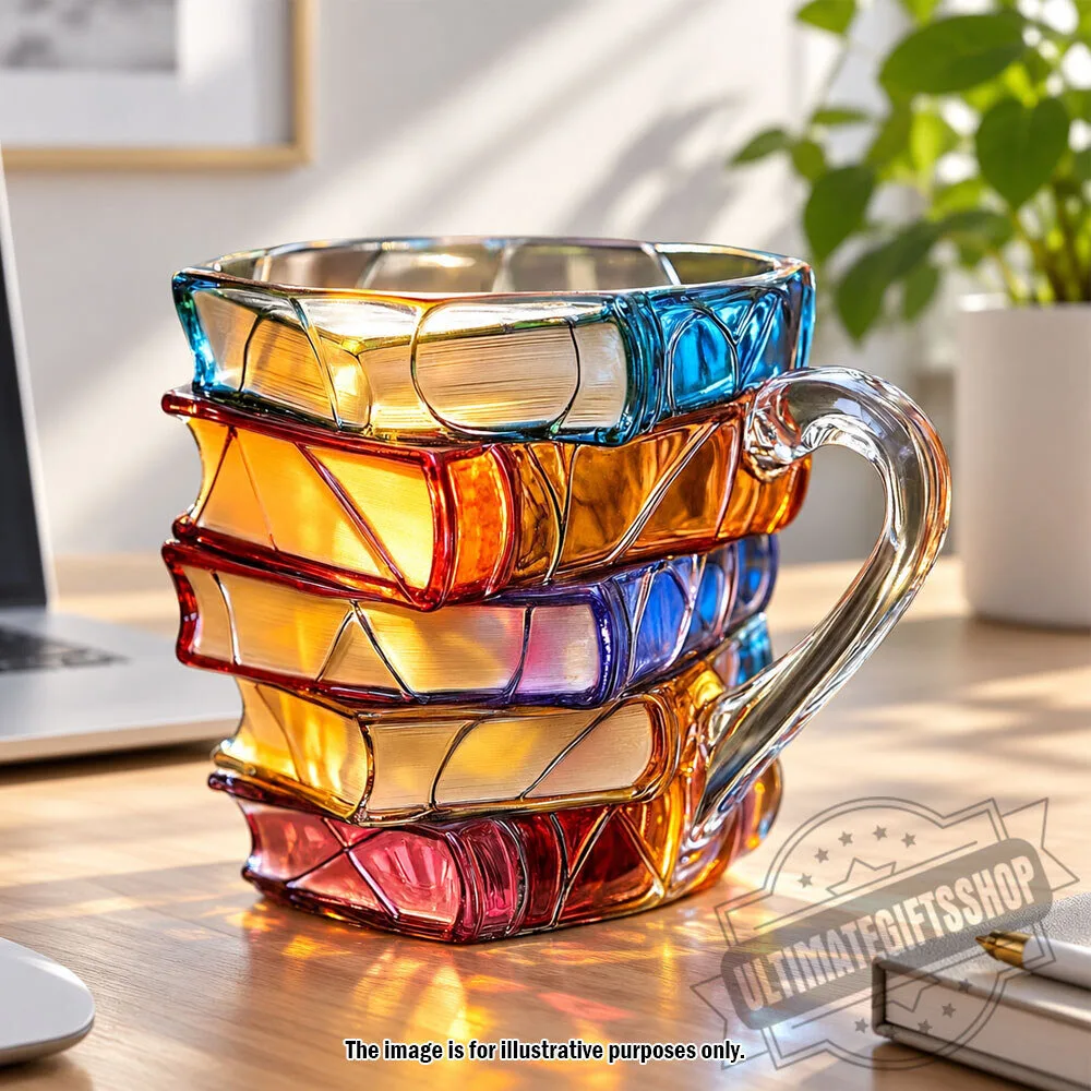 Stained Glass Stacked Books Mug - Colorful Cup for Book Lovers