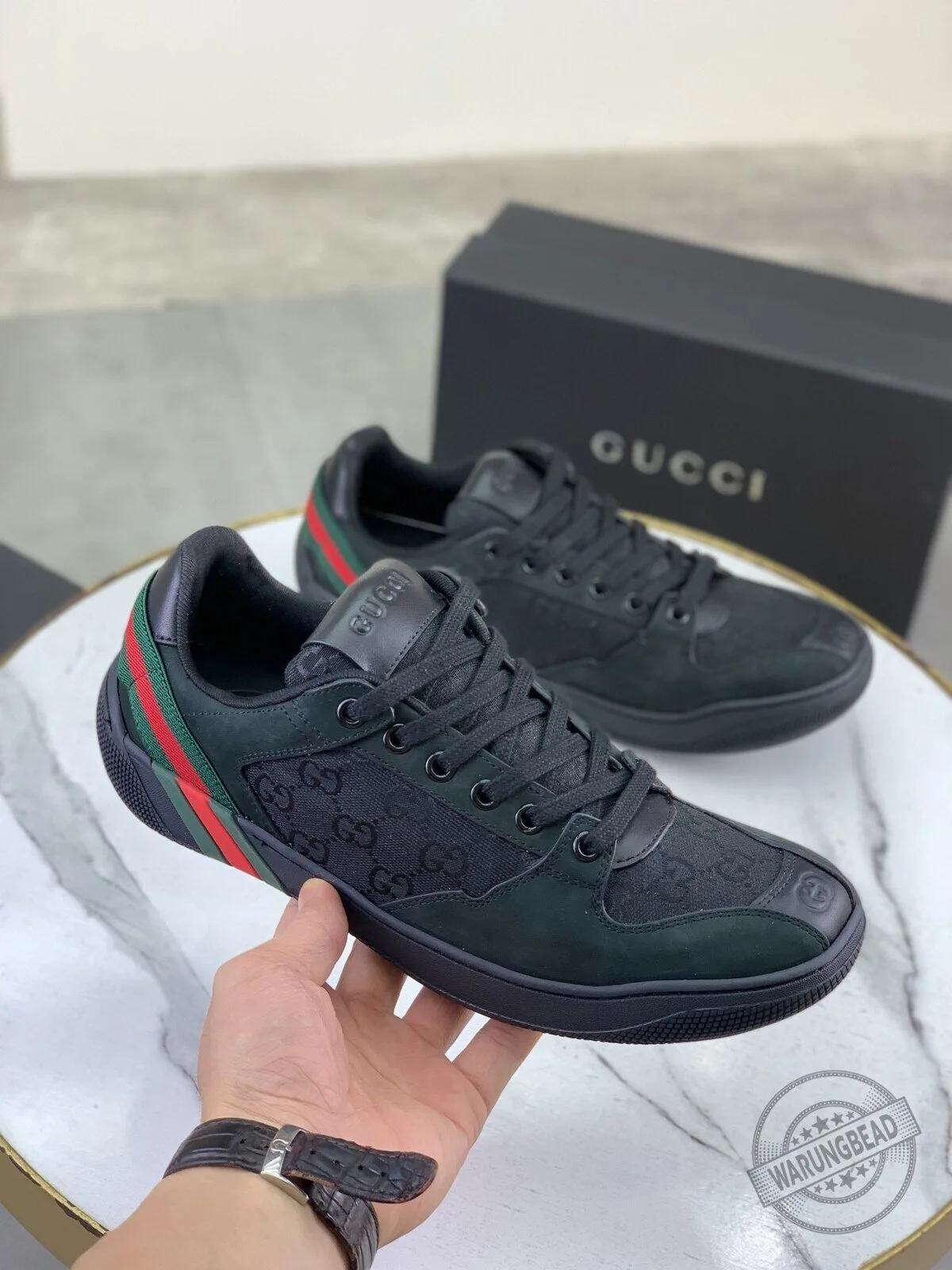 Gucci Black Leather and Canvas GG Monogram Stripe Low Top Sneakers
